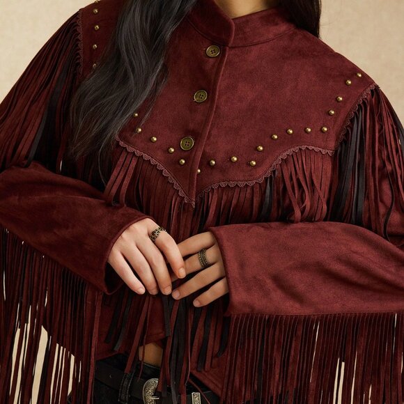 Coffee Brown Casual Women's Nomadic Tassel Decorated Jacket - Picture 6 of 7